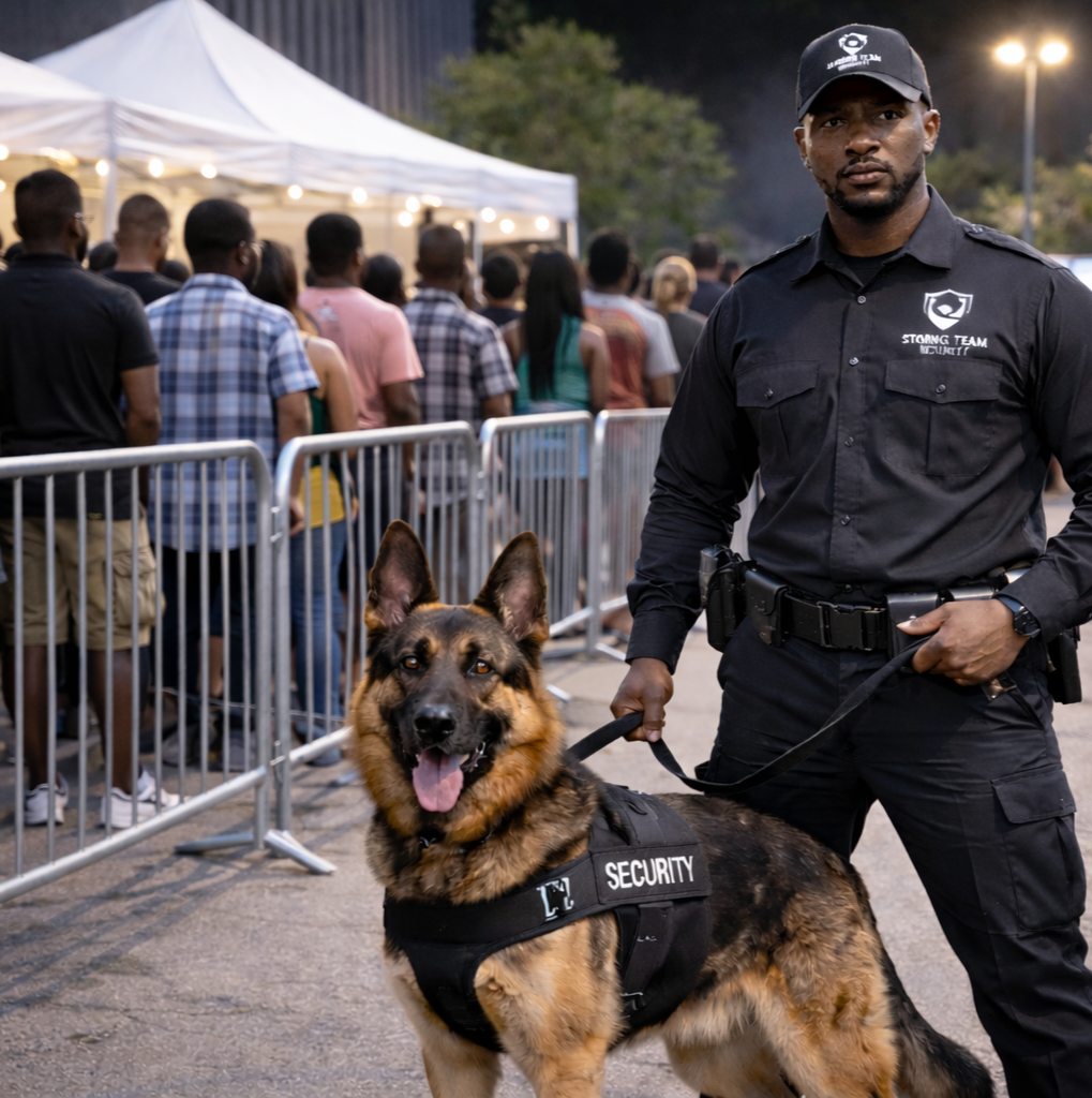 Strong Team Security with patrol dog at an event